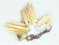 Редкость! Рутил свободного роста, сростки "звезды" золотистых игольчатых кристаллов на кристаллах гематита, Бразилия (31*23*4 мм, 2,8 г) №37921