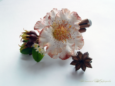 Комплект "Шиповник и корица". Цветы из полимерной глины.