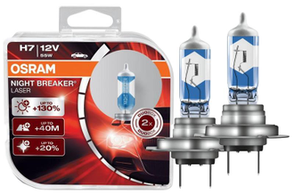 Автомобильная галогенная лампа Osram H7 12V- 55W (PX26d) (+130% света) Night Breaker Laser (2шт) DuoBox
