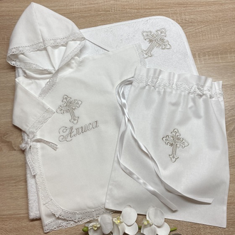 Тёплая крестильная распашонка из фланели "Светлое Таинство", цвет крестика на выбор, можно вышить любое имя