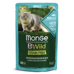 Пауч Monge Cat BWild GRAIN FREE для взрослых кошек, беззерновой, из трески с креветками и овощами