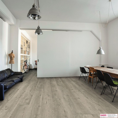 Декор ламината Haro Дуб Бергамо Серебряно-Серый 541578 в интерьере гостиной