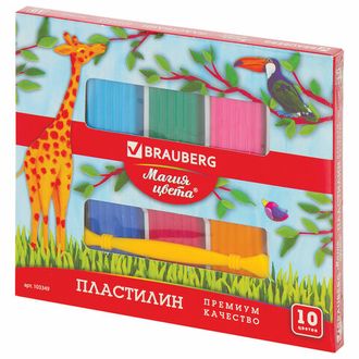 Пластилин классический BRAUBERG 10 цветов, 250 г, со стеком, ВЫСШЕЕ КАЧЕСТВО, картонная упаковка, 103349