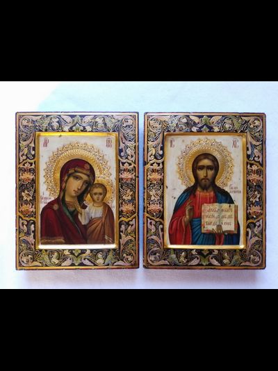 Венчальная пара. Образ Спасителя. Образ Пресвятой Божией Матери “Казанская”. Рукописные иконы 22х28см.