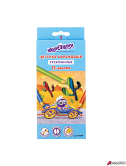 Карандаши цветные ЮНЛАНДИЯ «ЮНЛАНДИК БЫСТРЕЕ ВСЕХ», 12 цветов, трехгранные заточенные. 181388