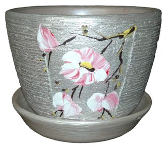 Серебристый оригинальный керамический цветочный горшок диаметр 11 см с рисунком цветок
