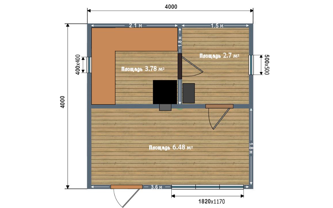 Планировка каркасной бани 4х4 м