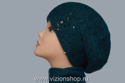 Вязаный берет изумрудного цвета с пайетками Италия Vizio 6457