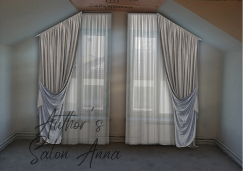 Фото окна с выполненным на нём эскизом штор