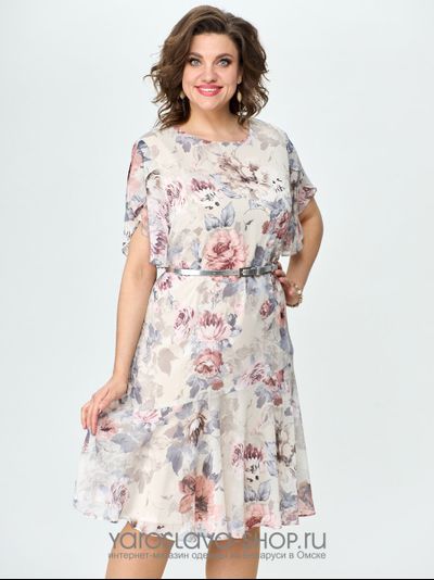 Модель :2321. Женское  шифоновое платье с цветочным принтом в бежевом цвете