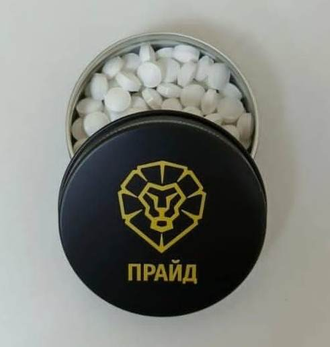 Lumia-30 (Люмиа), металлическая рекламная баночка с конфетками, круглая, черная