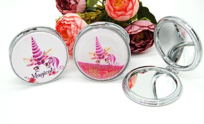 Зеркальце карманное двойное с блестками (ТИП: Бабочки, Единорог)