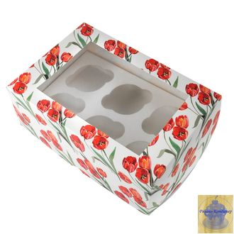Коробка для 6 капкейков с окном "Красные тюльпаны"