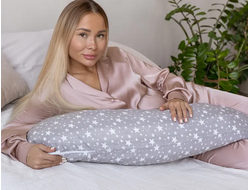 Подушка обнимашка формы  Полумесяц 190 х 35 см холлофайбер + наволочка звезды на сером