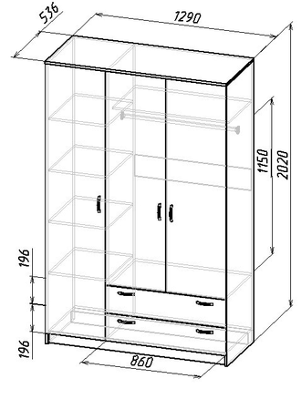 Шкаф 3-х-створчатый с выдв/ящиками ширина 1290 мм штанга/полки