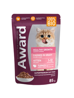 Влажный корм AWARD Healthy growth для котят от 1 месяца кусочки в соусе с индейкой 85г