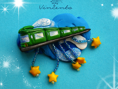 Поезд "Сумерки-Заря". Волшебная брошь с поездом, облаками и звёздами