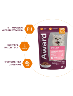 AWARD (Эворд) Sterilized, влажный корм (пауч) для стерилизованных кошек индейка в соусе, 85 г