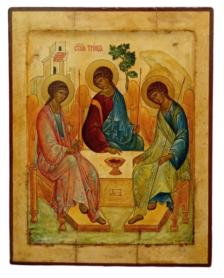 Пресвятая Троица. Рукописная икона, стилизованная "под старину".