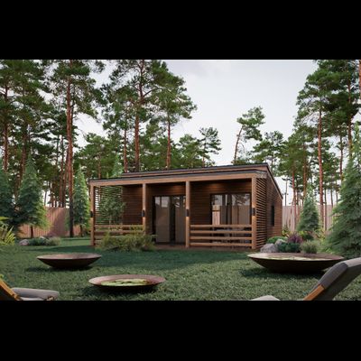 Одноэтажный каркасный дом с двумя спальнями и террасой (SK92)