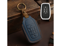 Синий чехол для ключа Toyota Alphard 3, Vellfire 2 (2015+) с 6 кнопками. Натуральная кожа.