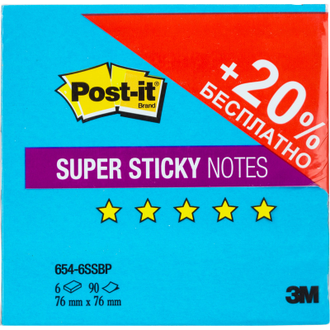 Блок-кубик Post-it Super Sticky 654-6SSBP, 76х76, 6 блоков по 90 листов
