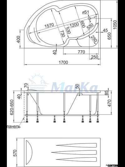 Ванна акриловая 1,7*1,05 Марка1 ДИАНА (каркас+панель)