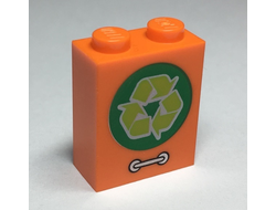 Brick 1 x 2 x 2 with Inside Stud Holder with Lime Recycling Arrows in Green Circle and Silver Door Handle Pattern, Orange (3245cpb090 / 6253136)