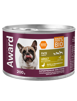 AWARD (Эворд) влажный корм (консерва) паштет для собак, Утка, Брусника 200 г