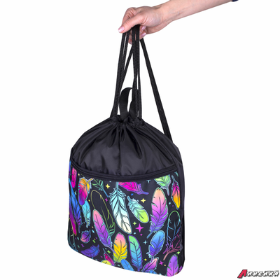 Мешок для обуви BRAUBERG БОЛЬШОЙ, с ручкой, карман на молнии, сетка, 51×41 см, «Feathers». 271057