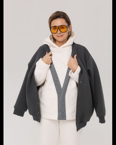 Худи из велюрового футера с декоративной вставкой (белоснежный)