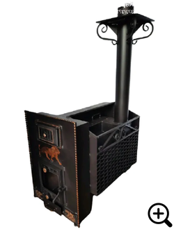 Дровяная банная печь с выносной топкой ФЛАГМАН дверца со стеклом, каминный портал, открытая каменка