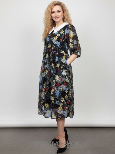 Модель: 2408.Шифоновое женское платье черного цвета с цветочным принтом