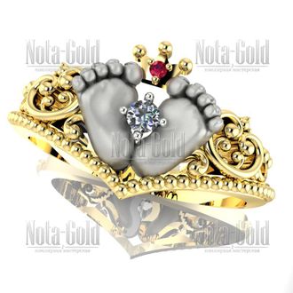 Кольцо из желтого золота в подарок жене на рождение дочки или сына с бриллиантом и рубином