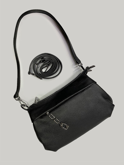 (АРТИКУЛ: 10022/0) СУМКА ЖЕНСКАЯ, НЕБОЛЬШАЯ, НАТУРАЛЬНАЯ КОЖА, ЧЕРНАЯ, С ДЕКОРАТИВНЫМ НАРУЖНЫМ КАРМАНОМ, С ПЛЕЧЕВЫМ РЕМНЕМ