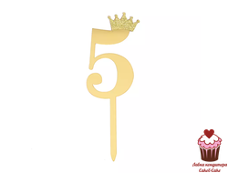 Топпер Цифра 5 с короной, золото, акрил  (10,5см)