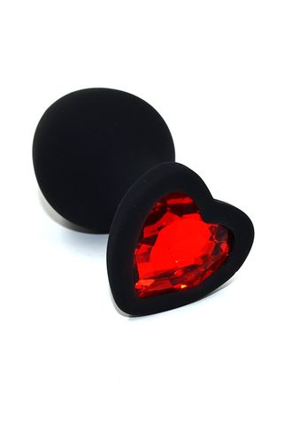 Черная анальная пробка из силикона с красным кристаллом в форме сердца M