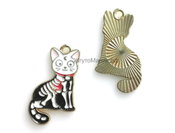 ПОДВЕСКА С ЭМАЛЬЮ "МУЛЬТЯШНЫЙ КОТ/СКЕЛЕТ" - 28x17x1.5 мм - БЛЕДНОЕ ЗОЛОТО+ЦВЕТНАЯ ЭМАЛЬ