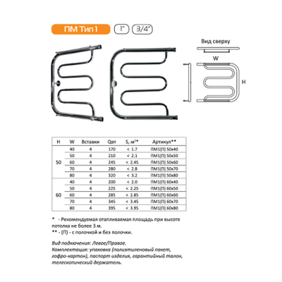 Полотенцесушитель водяной П-образный с полкой Тругор ПМ1 ПМ2