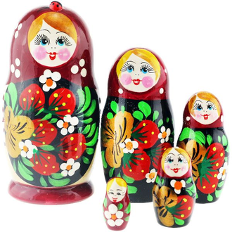 Матрешка 100*55 мм Хохлома с божьей коровкой 5-и кукольная красный/бордовый платок