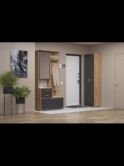 Антре 65.08 Шкаф для прихожей с зеркалом Дуб вотан/диамант серый/ДВПО белый/ткань велюр велутто кремовый 18