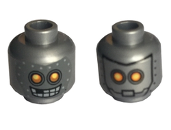Minifigure, Head Dual Sided Alien Robot with Yellow Eyes, Mask with Metal Bolts, Closed Mouth / Open Mouth Pattern - Hollow Stud, Flat Silver (3626cpb1502 / 6125244)