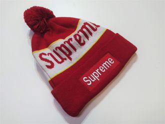 Шапка Supreme Помпон Logo Красный / Белый