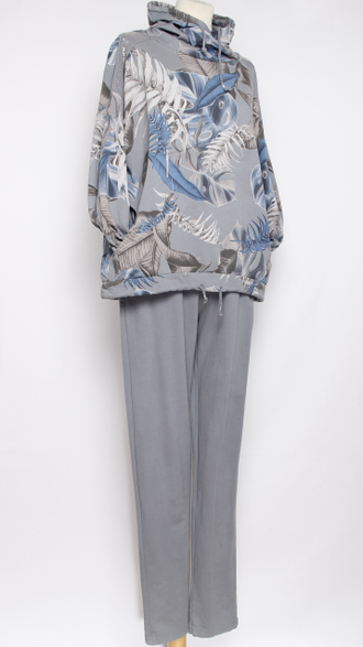 КОСТЮМ ХУДИ И БРЮКИ "Пайетки цветы" серый до 52р.