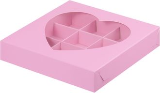 Коробка для 9 конфет с окном &quot;Сердце&quot; (розовая), 160*160*30мм