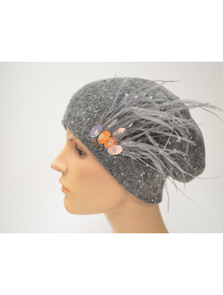 Берет с перьями Vizio  Италия 1629 серого цвета