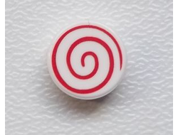 Tile, Round 1 x 1 with Red Spiral Pattern, White (98138pb013 / 6037277 / 6284600 / 6411552)