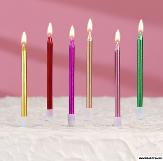 Свечи в торт "С днем рождения", 6 шт, 6,5 см, металлик