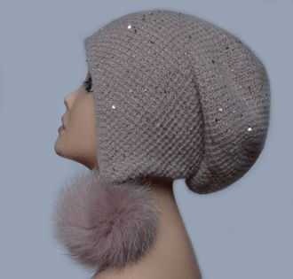 Розовая вязаная шапка ушанка женская с помпонами Vizio зима 2020