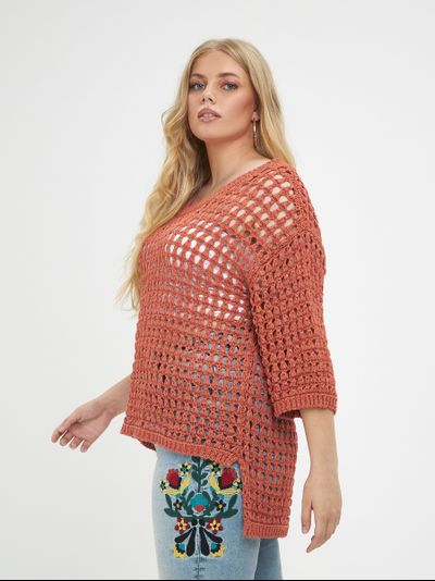 Джемпер-сетка вязанный с рукавом 3/4, цвет- мокко, терракот
